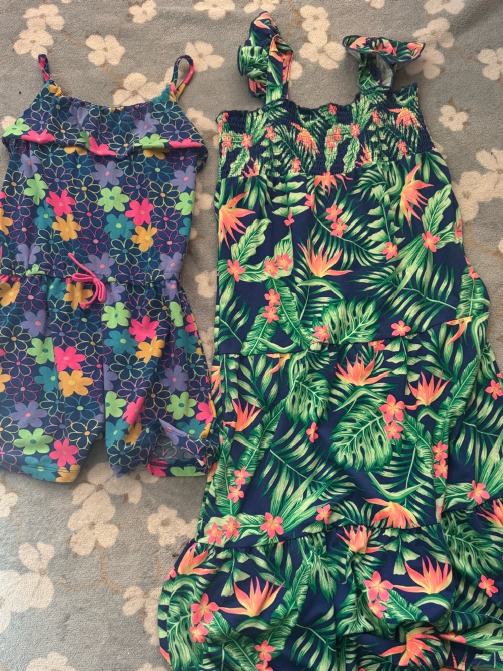 Girls 10/1  Navy Tropical Leaf dress & Floral romper